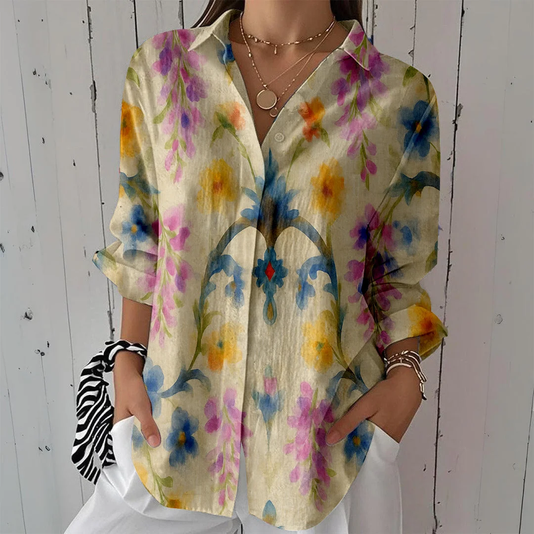 Style & Comfort for Mature Women Women Bohemian,Yellow,Pink DZCL0255 3/4 Sleeve Shirt Collar Printed Button Tops