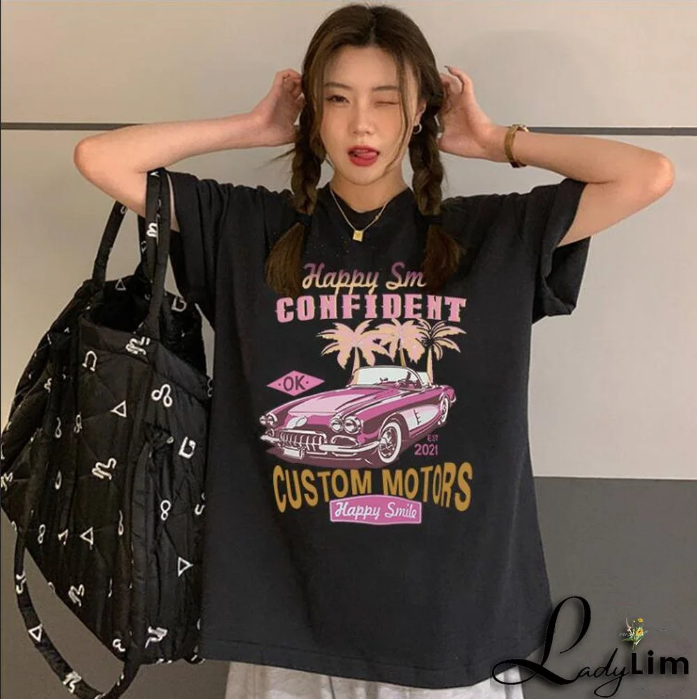 Gothic print Round Neck loose short sleeves t-shirt