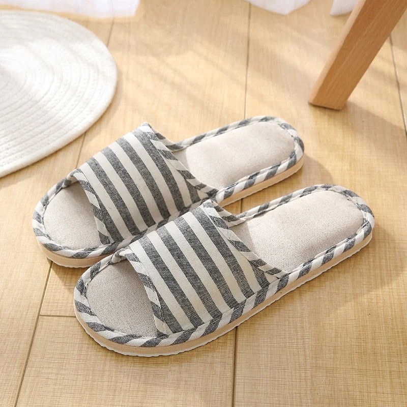 Linen Indoor Slippers Four Seasons Striped Cotton Slippers Couples Absorbing Sweat Soft Bottom Home Wood Floor Sandals