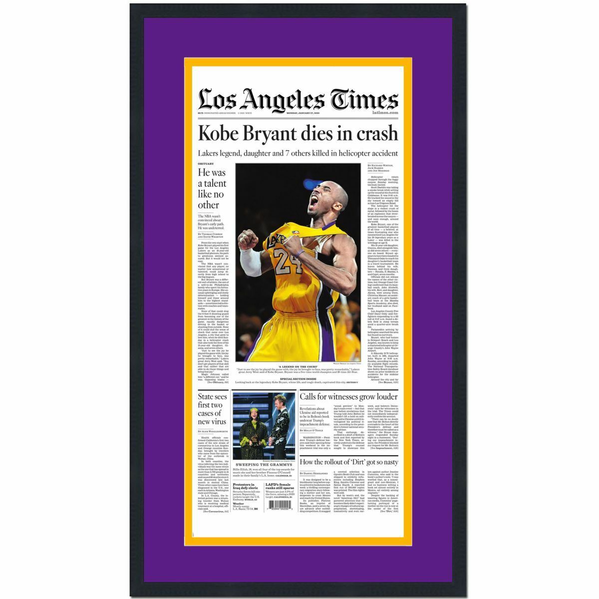 Framed Los Angeles LA Times Kobe Bryant Tribute 1/27/2020 Newspaper 17x27 Photo Poster painting