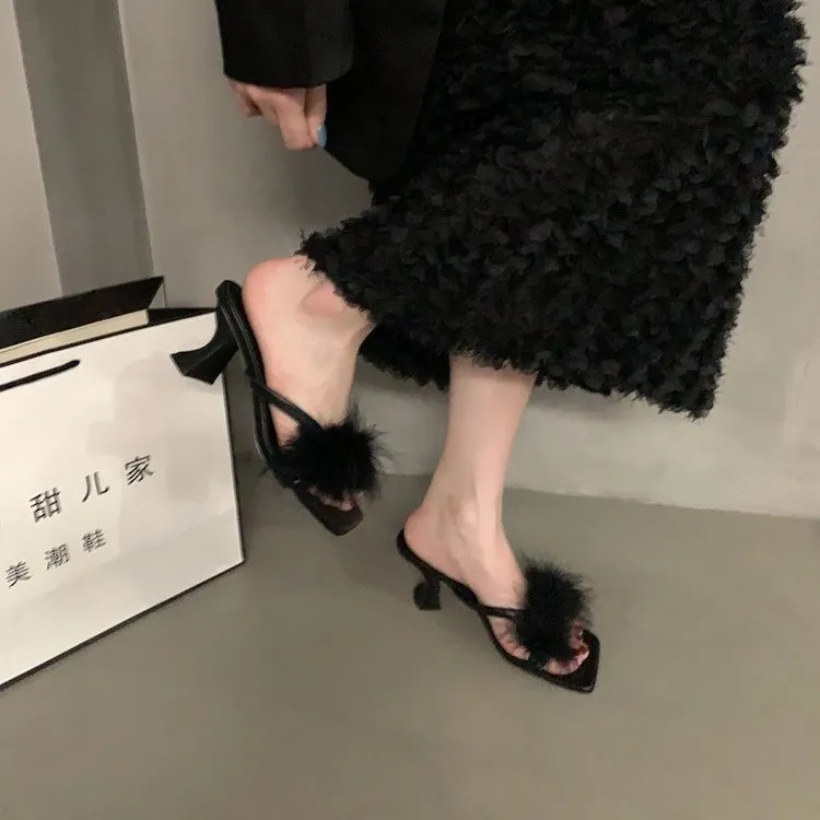 Yyvonne Niche High-Heeled Shoes Fur Slippers Women Wear 2025 New Summer Fairy Wind Clip Toe Black Cool Slippers