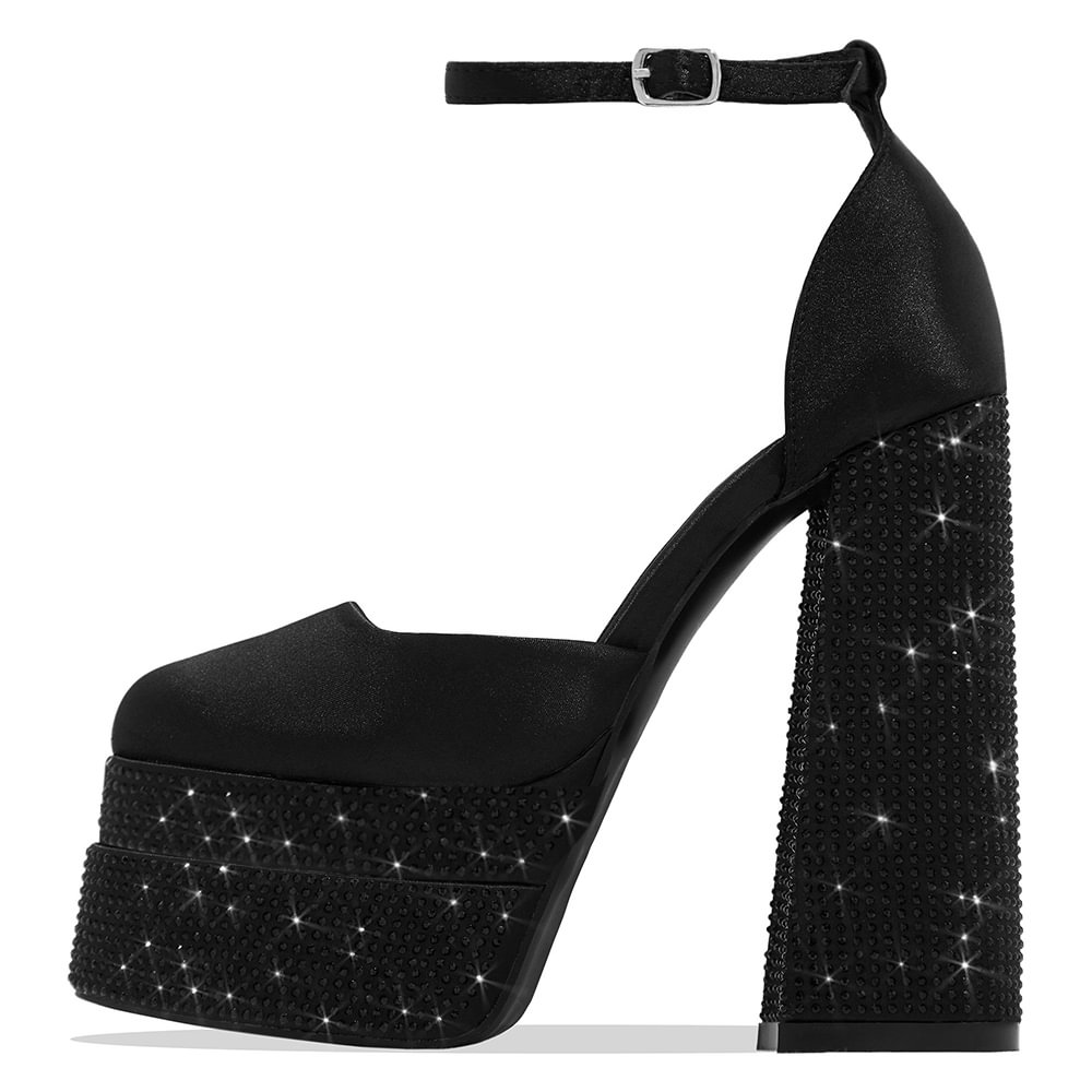 Satin Black Y2K Sandals With Platform Ankle Strap Chunky Heels Nicepairs