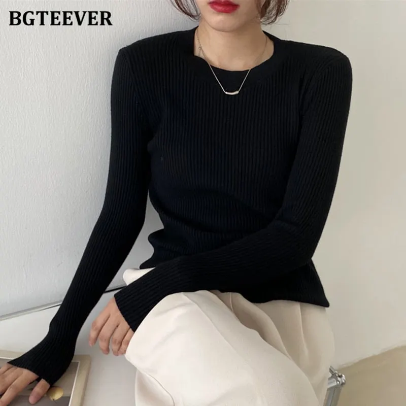 BGTEEVER Fashion New Autumn O-neck Slim Women Sweater 2021 Full Sleeve Stretched Casual Knitwear Skinny Female Knitting Tops