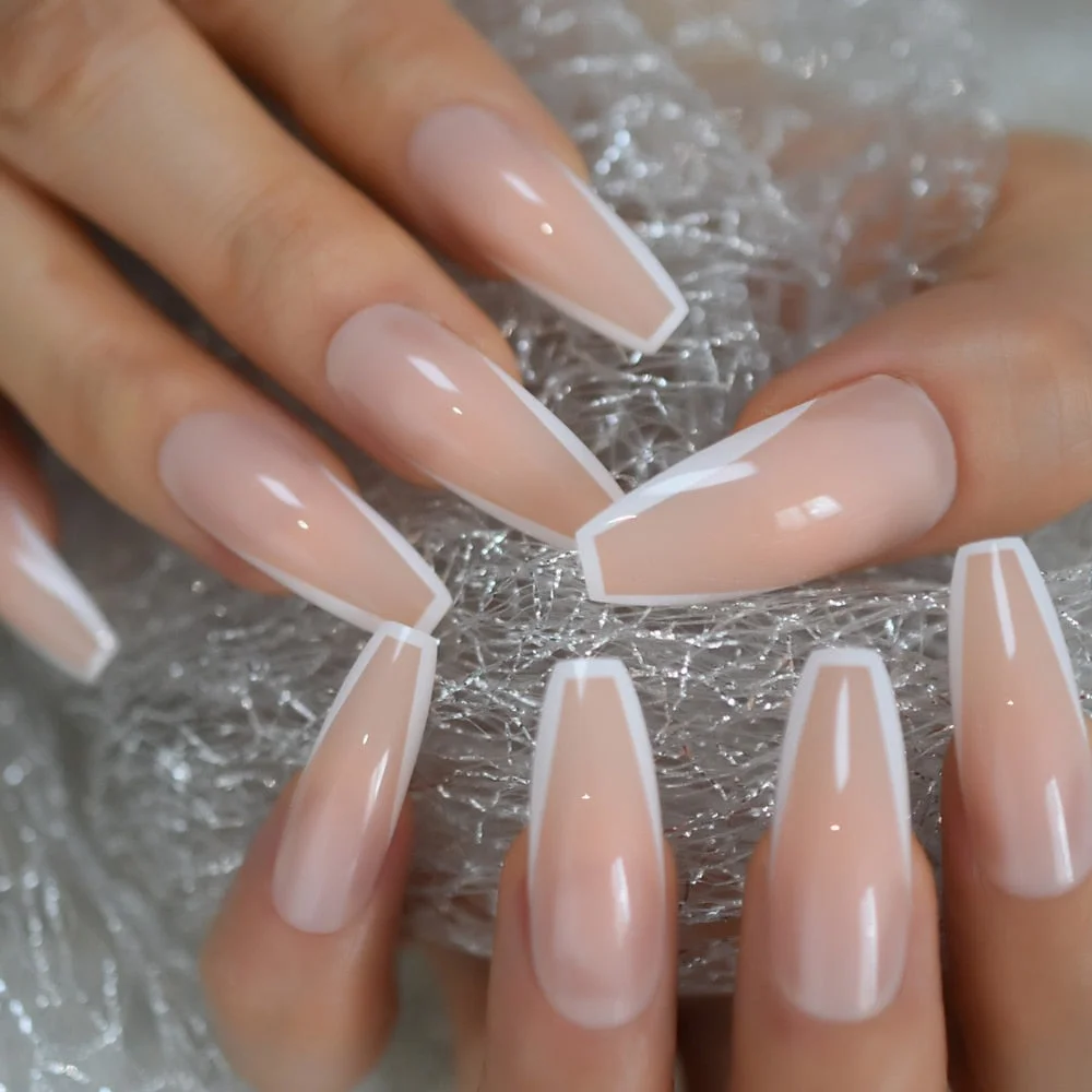 Glossy White French Press on False Nails Extra Long Coffin Ballerina Shape UV Gel Nude Fingersnails Free Adhesive Tapes 24pcs