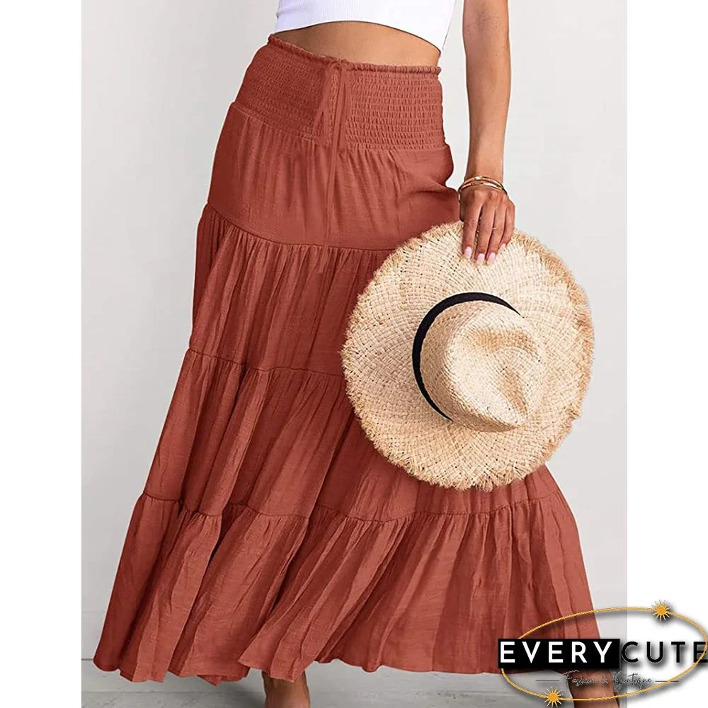 Rust Red Bohemia Pleated High Waist Maxi Skirt