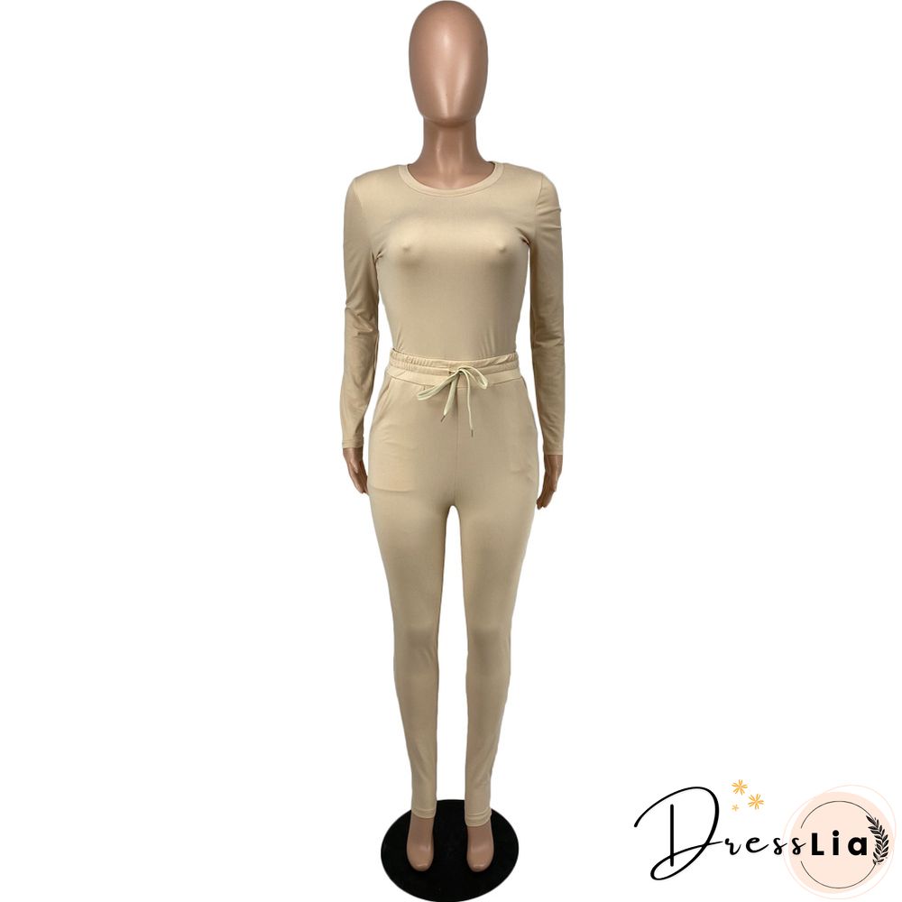 Solid Long Sleeve T Shirt Lace Up Pants Set