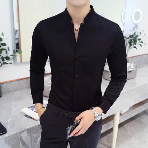 Inongge New Style Male Casual Dress Spring Long Sleeve Shirts/Men's High Quality Stand Collar Business Shirts/Plus Size S-5XL