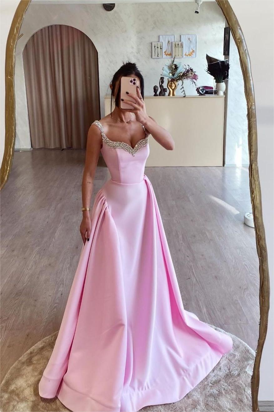 Lvs&Broner Pink Spaghetti Strap Sleeveless A Line Long Prom Dress With Beading