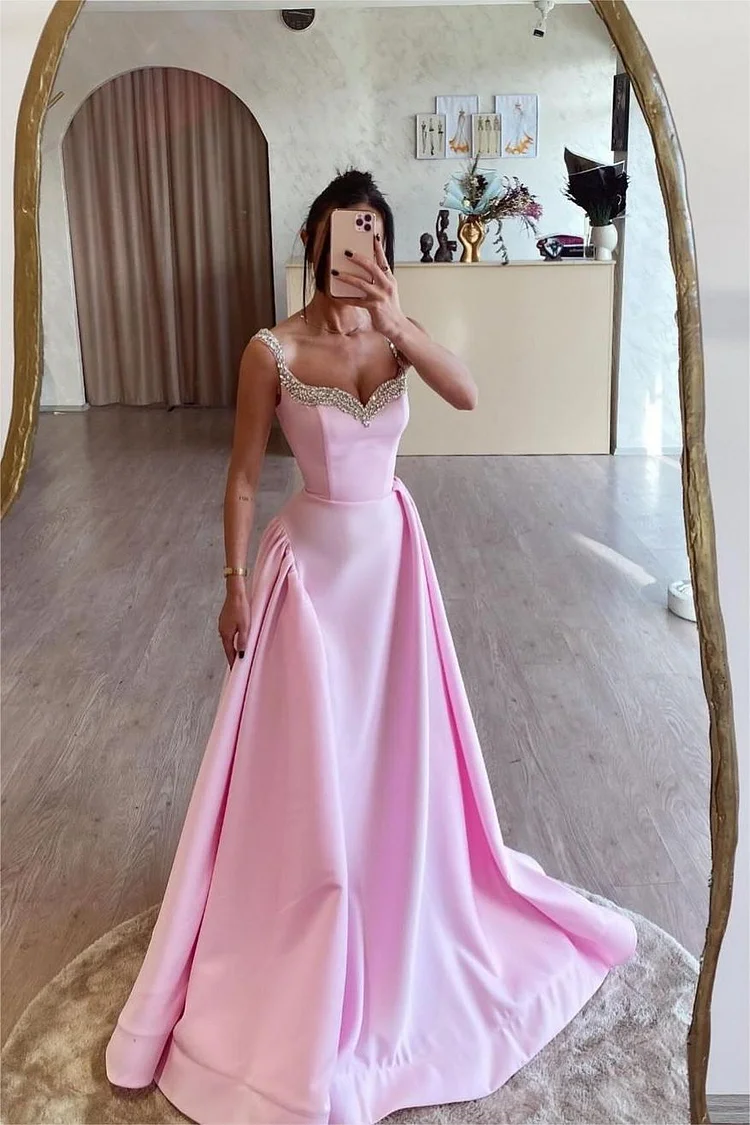 Hellodresses Pink Spaghetti Strap Sleeveless A Line Long Prom Dress With Beading
