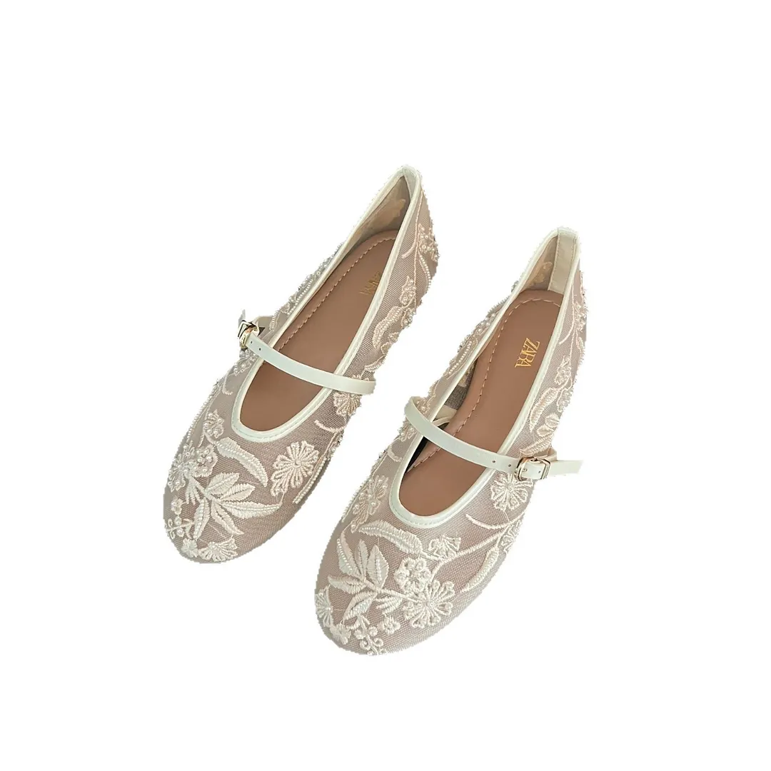 Breakj Breakj Home 2025 New Shoes Women's Flat-Bottomed Mary Jane Women's Shoes New Embroidery Chinese Style Bag Head White Sandals