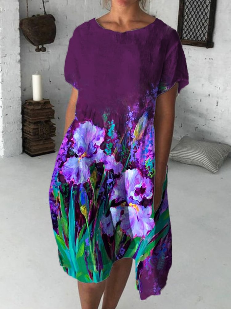 Comstylish Elegant Purple Irises Art Midi Dress