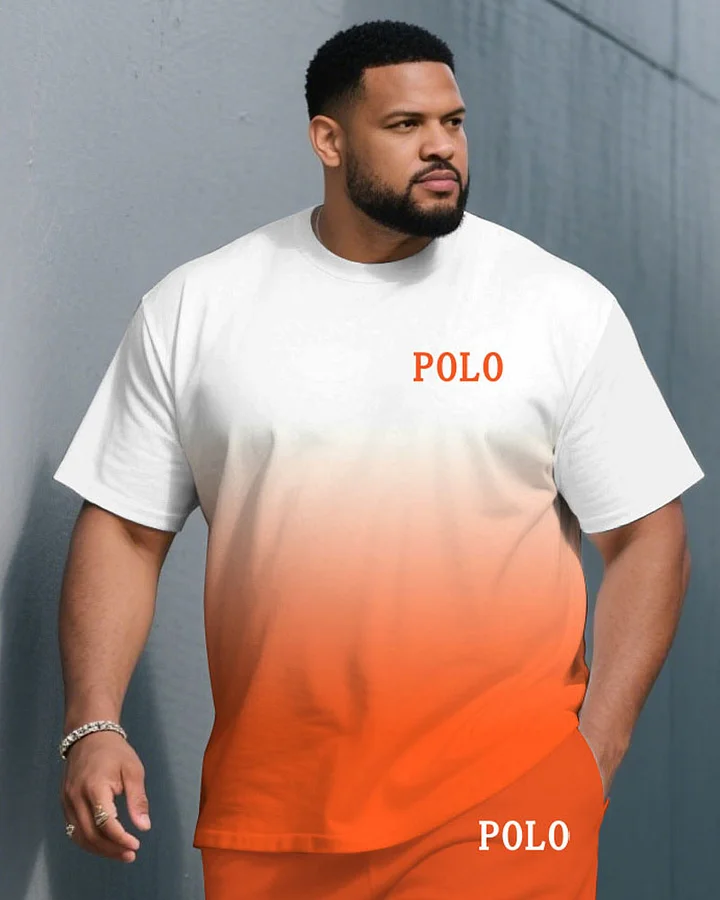 Men's Plus Size Street Fashion Orange Gradient Small Label Printed Round Neck Short Sleeve T-Shirt Shorts Suit