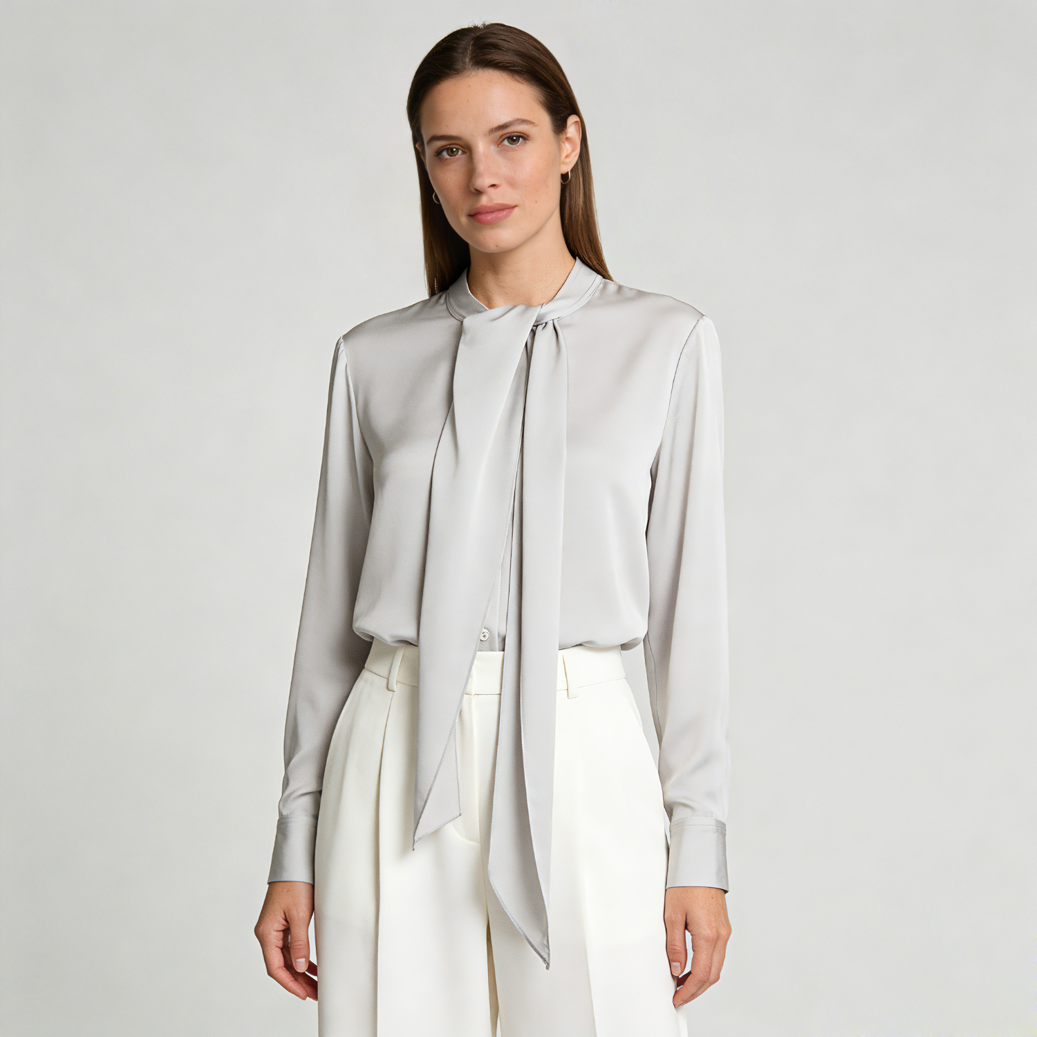 Solid Color Silk Shirt Long Sleeve with Neck Tie  REAL SILK LIFE