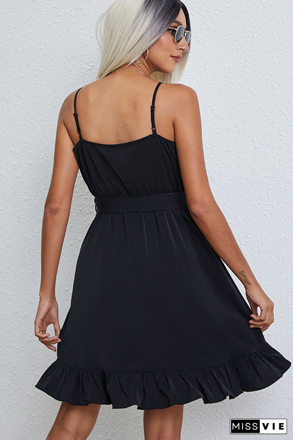 Ruffle Hem Solid Tie Waist Mini Dress