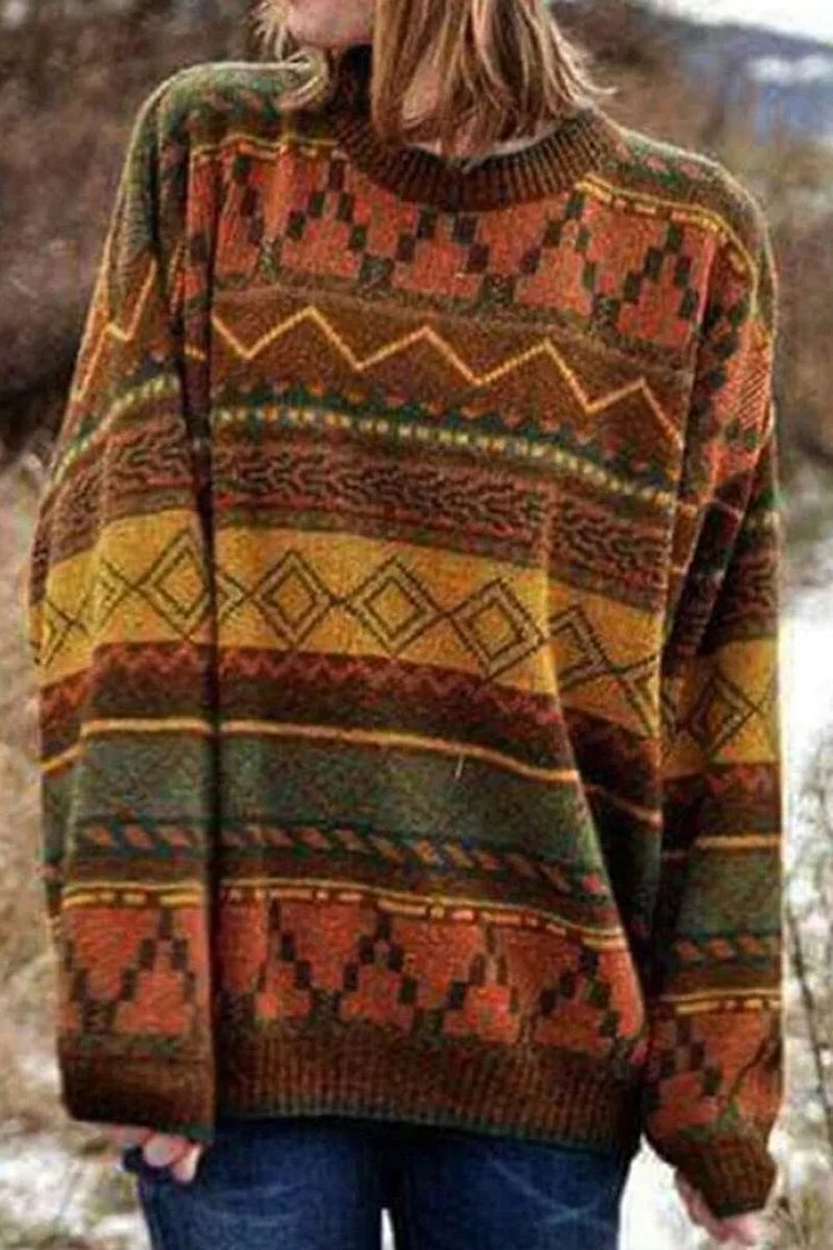 Vintage Round Neck Jacquard Sweater
