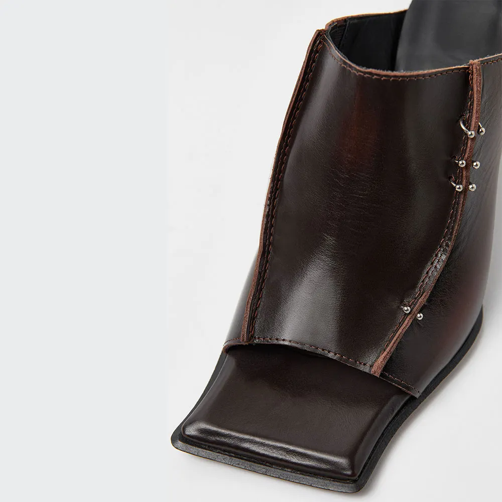 Distressed Brown Wedge Heel Mules Sandals with Silver Piercings