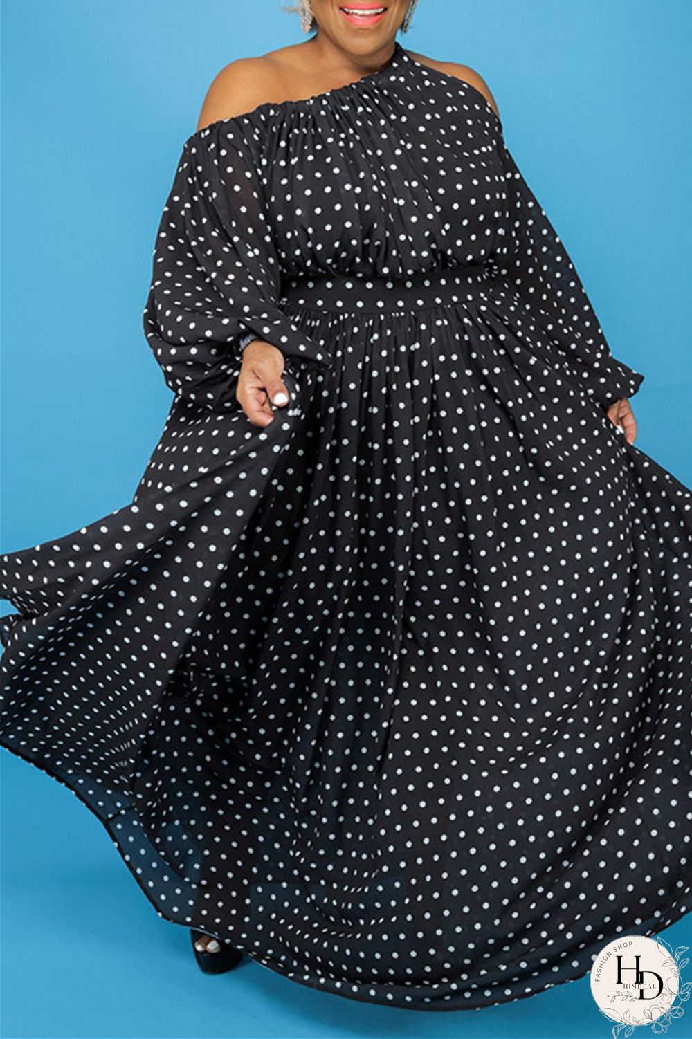 Black Fashion Casual Print Hollowed Out Oblique Collar Long Sleeve Plus Size Dresses