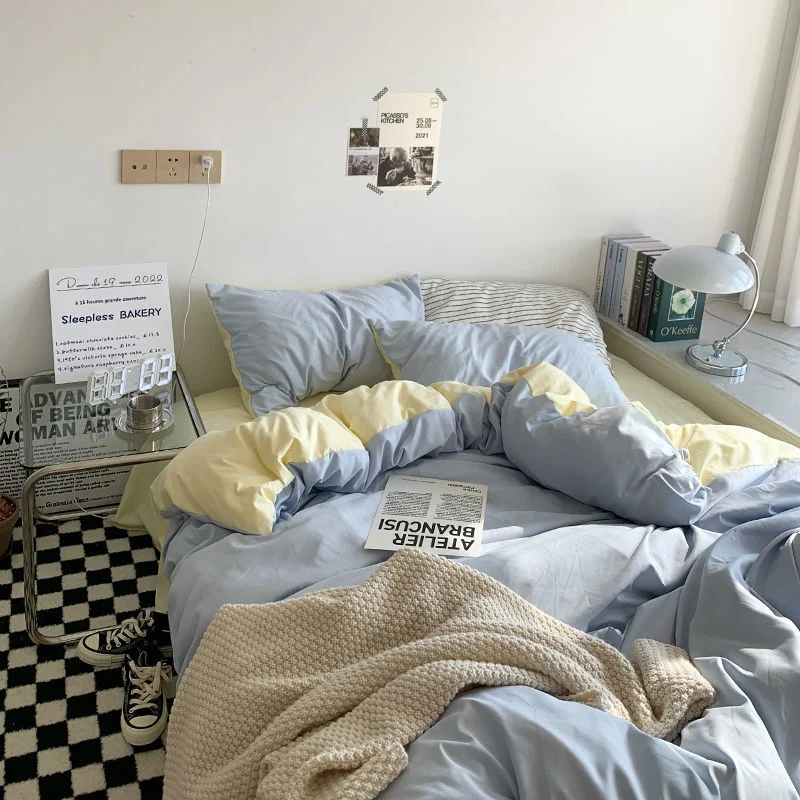 New small fresh double spell light blue cheese bed sheet four-piece set girl heart sunshine dormitory single three-piece set