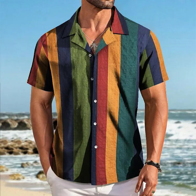 Men's Retro Colorful Striped Lapel Short Sleeve Shirt 01510924TO