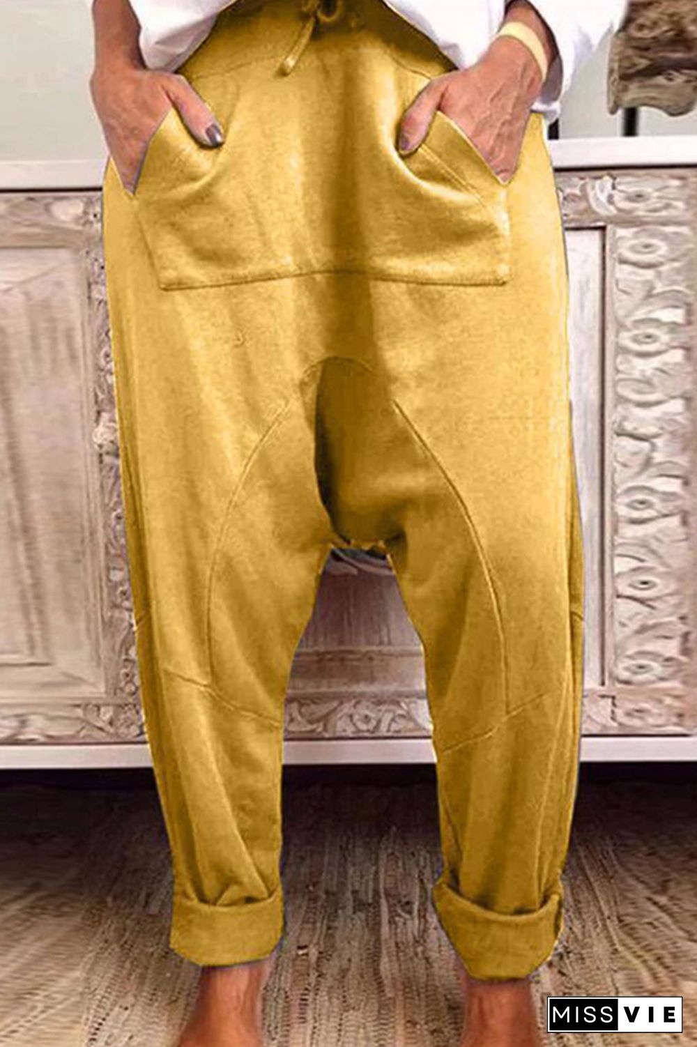 Casual Solid Draw String Pocket Loose Harlan Solid Color Bottoms