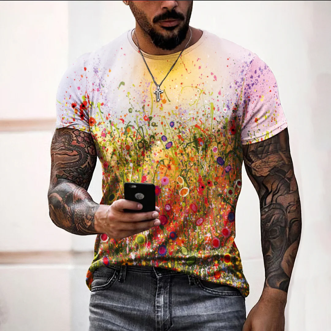 Men'S Fashion Oil Painting Flower Print Short Sleeve T-Shirt