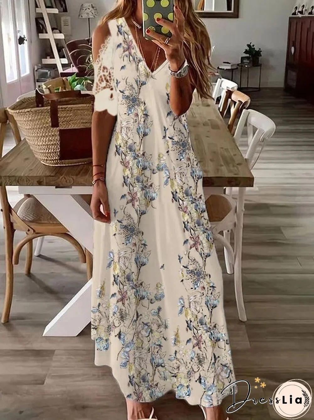 Long Bohemian Dress with Short Sleeve Lace Printing Black Dresses