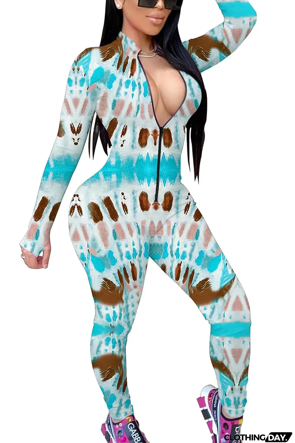 Orange Fashion Print Split Joint O Neck Regular Jumpsuits