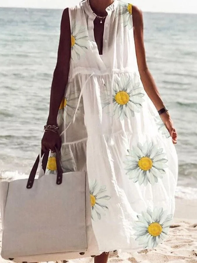 Drawstring Daisy Print Tank Top Resort Dress