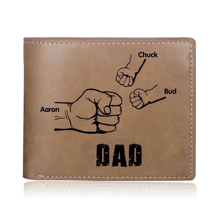 3 Names - Personalized Men Leather Wallet Custom Photo & Name Folding Wallet Fist Bump Wallet Gift for Dad