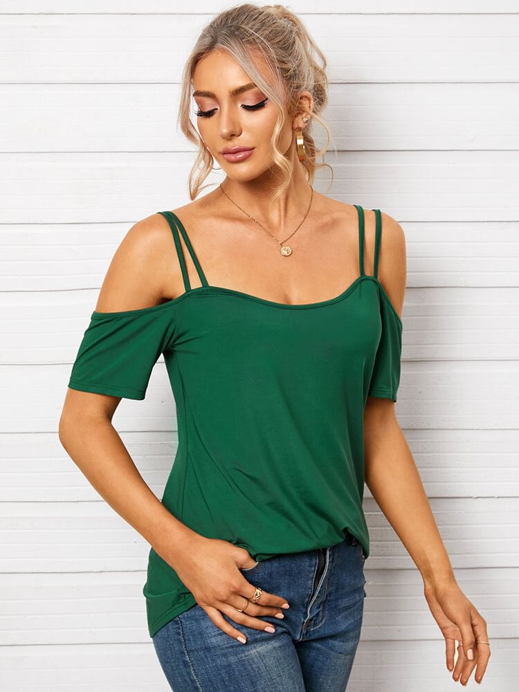 Solid Off The Shoulder Backless Short Sleeve Casual T-shirt - BlackFridayBuys