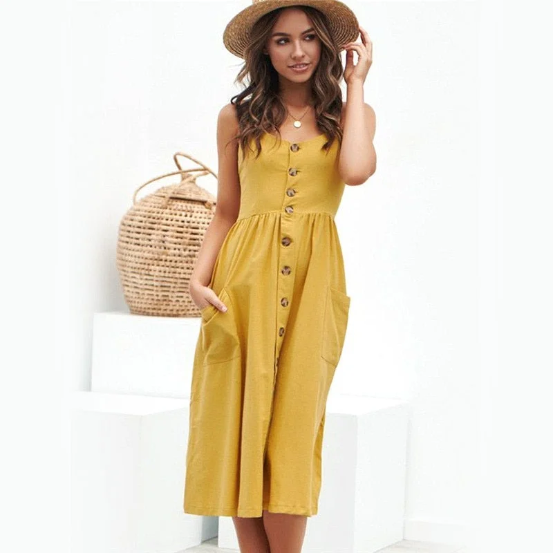 2020Women Summer Dress Backless Polka Dot Sleeveless Beach Button Casual Yellow Sundress Plus Size XXXL Dress For Women Vestidos