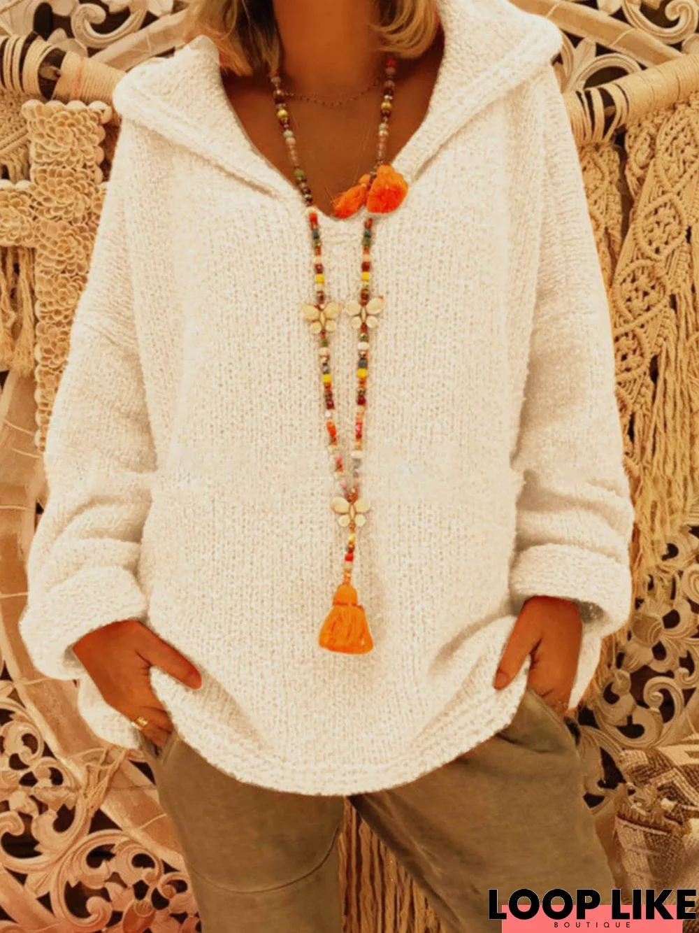 V Neck Hoodie Solid  Sweet Long Sleeve Knitted Sweaters