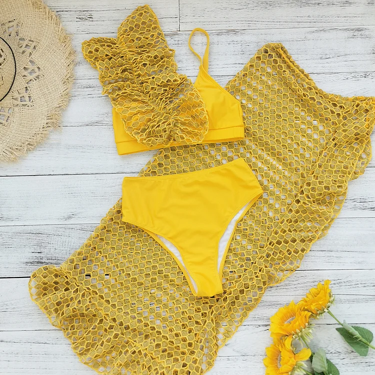 One Shoulder Ruffle Bikini Swimsuit and Skirt