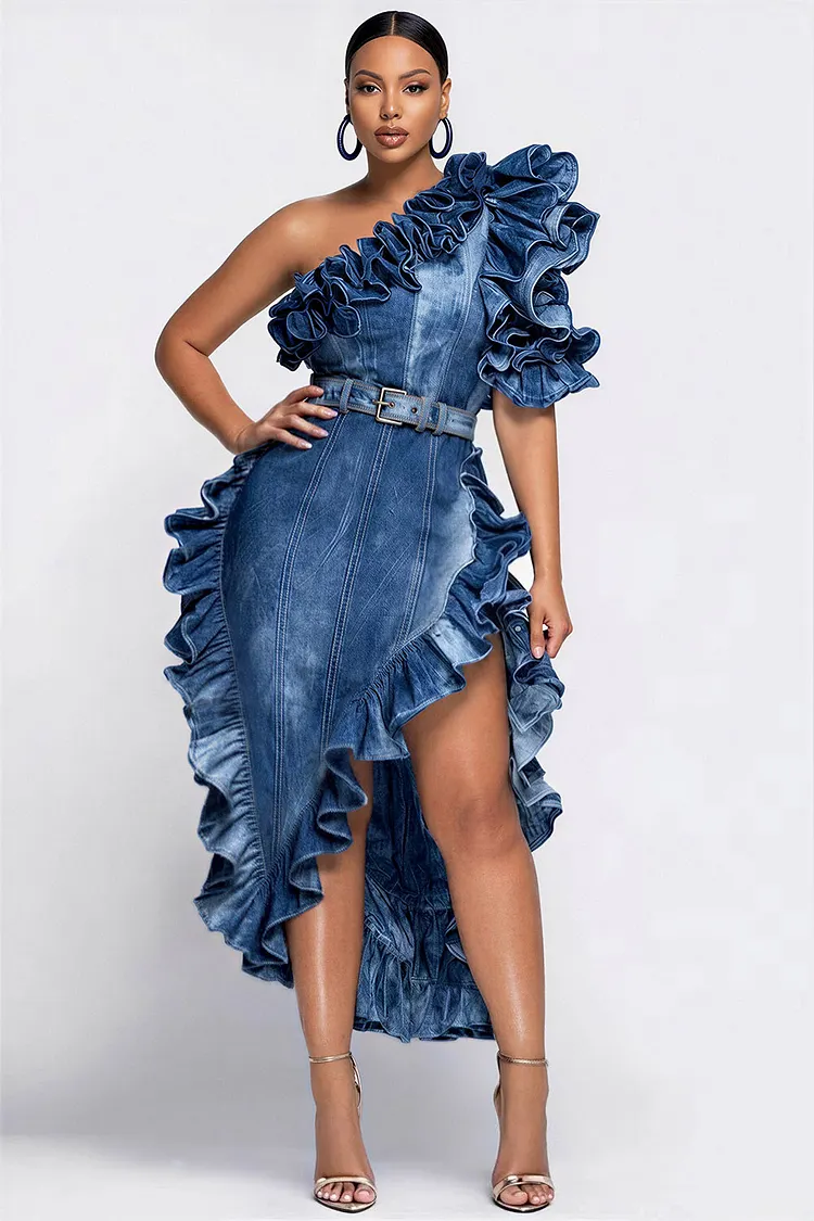 Xpluswear Design Plus Size Party Blue One Shoulder Short Sleeve Ruffle Contrast Denim Midi Dresses [Pre-Order] 2024 - Xpluswear