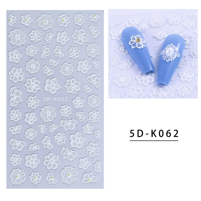 5D Butterfly Nail Sticker Engraved White Flower Sliders Embossed Lace Wedding Nail Art Design Monogram Decals Manicure Tools-Nail Inspo