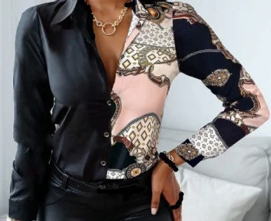 Uveng Long Sleeve V-neck Color-block Retro Shirt Top