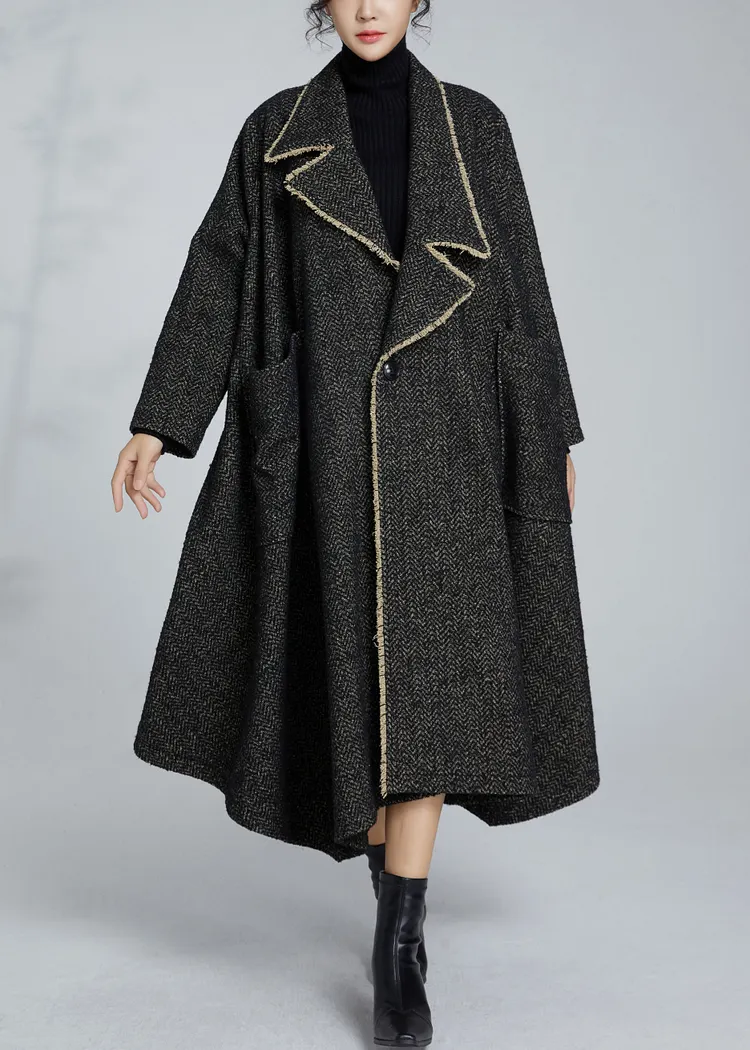 French Grey Notched Button Pockets Woolen Coat Winter