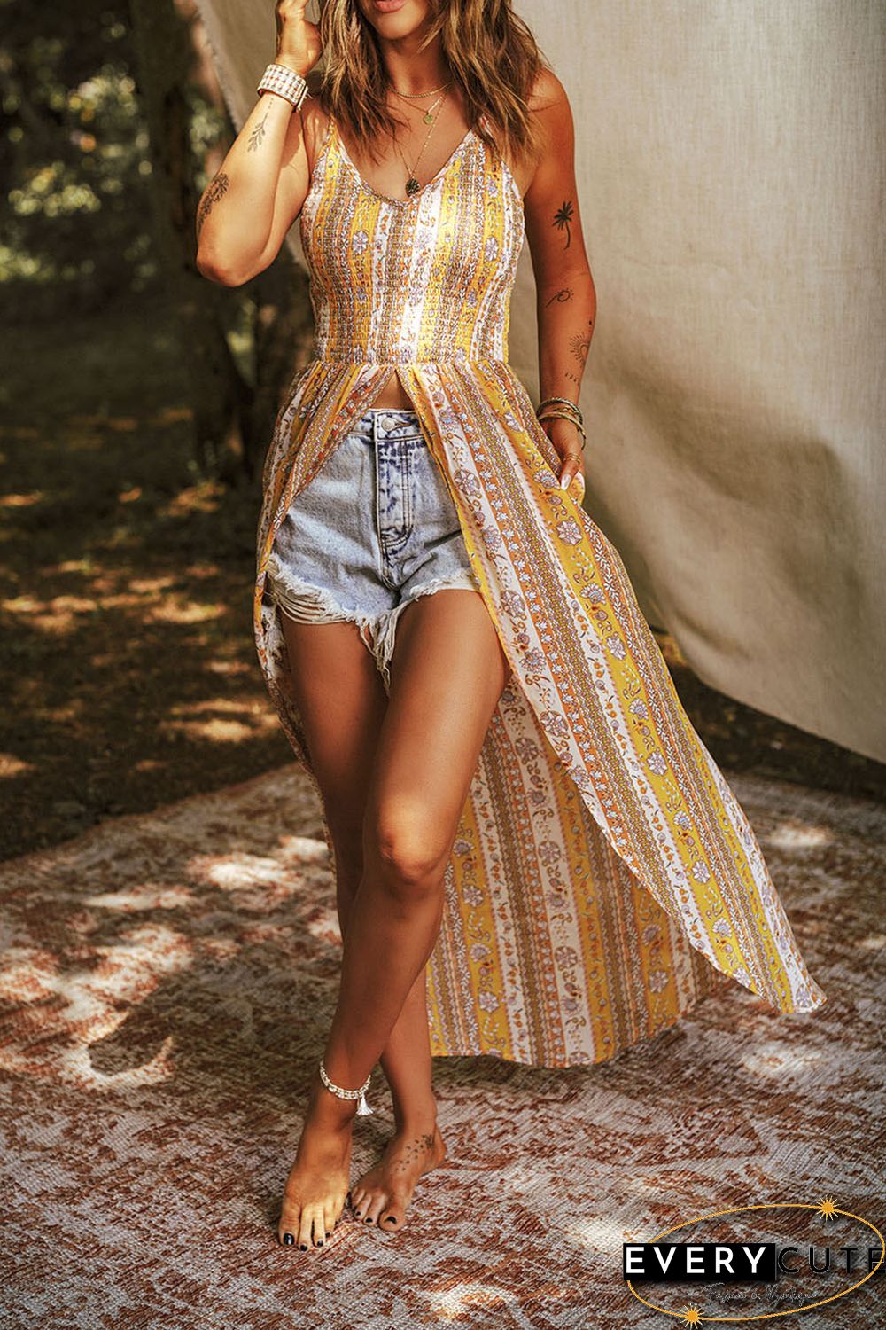Yellow Boho Floral Print Smocked Front Slit Maxi Tank