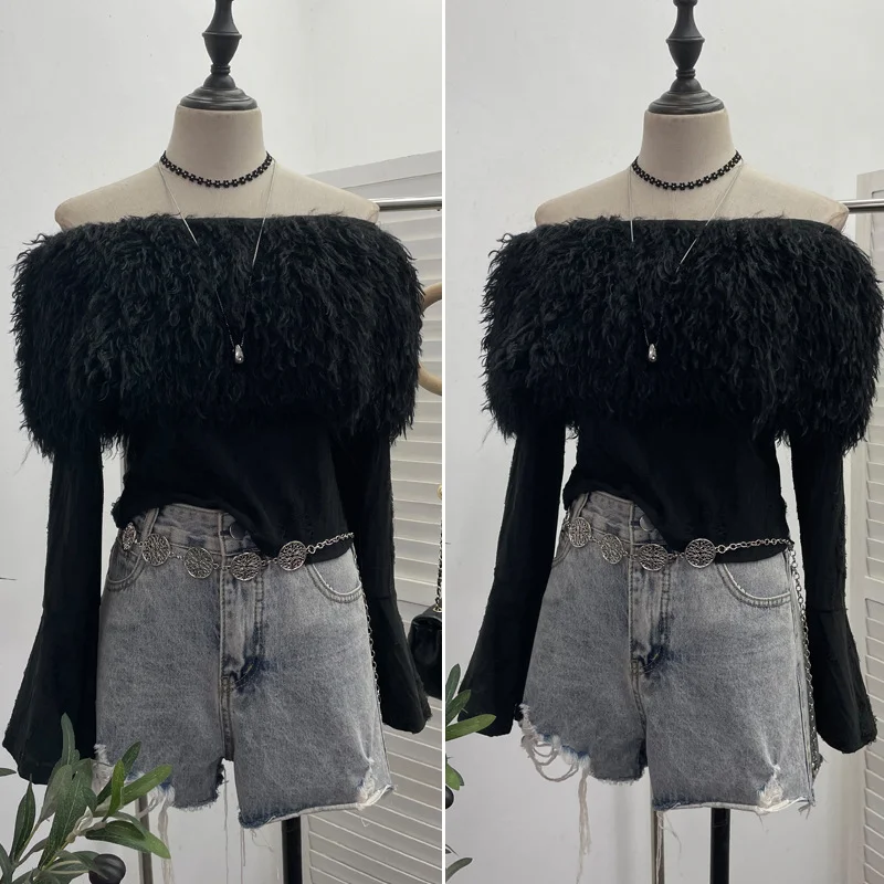 Uveng Sexy Wind Shoulder Hair Knitted Shirt Girl Short To Make Old Broken Long-Sleeved T-Shirt Top 2988