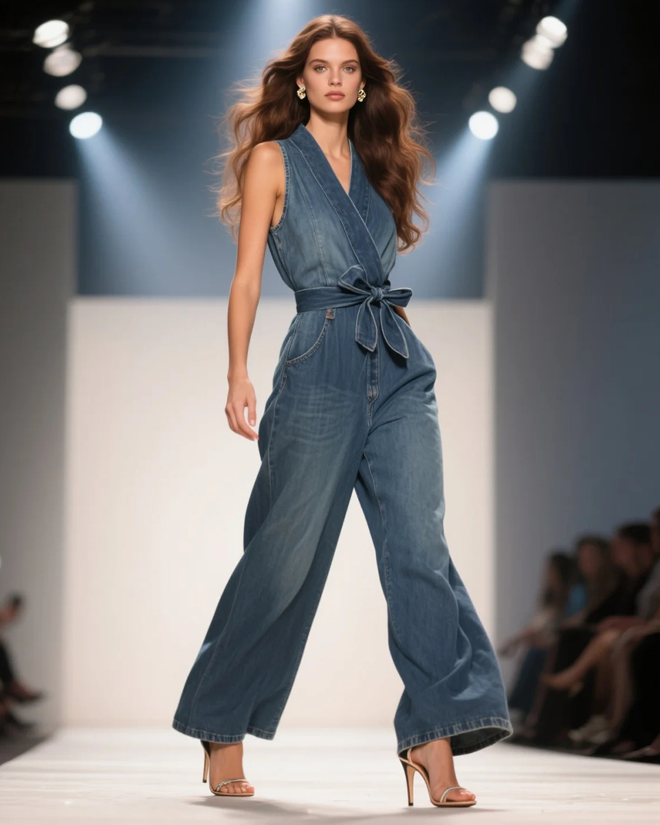 Women's Fashion Elegant Kimono V-neck Bow Tie Sleeveless High Waist Denim Jumpsuit