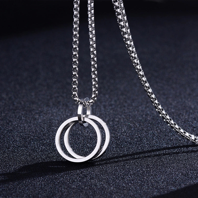 Men's Jewelry Double Ring Stainless Steel Pendant Hip Hop Personality Internet Celebrity Ring Necklace Student Chain Pendant Accessories Female