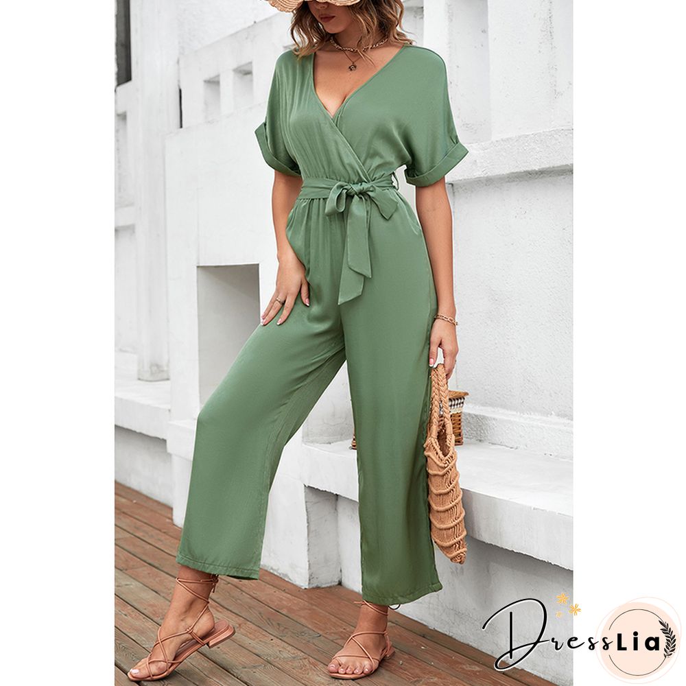 Fashion Casual Skinny Women Jumpsuit For Summer Women Jumpsuit New V Neck Lace-up Solid Waist Short Sleeve Jumpsuit