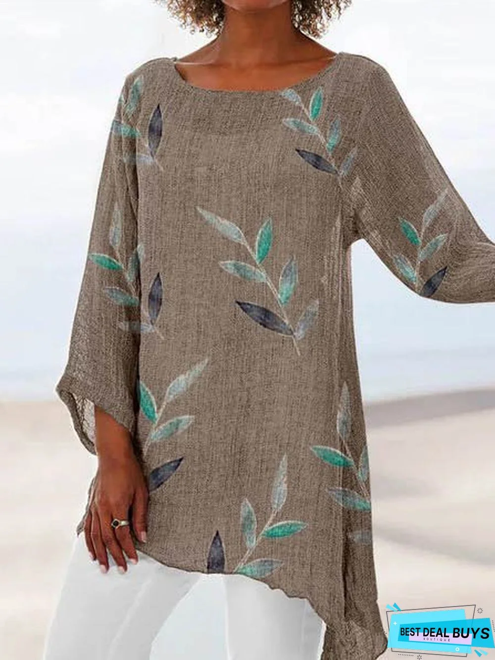 Leaf Printed Crew Neck Cotton Long Sleeve Shirt