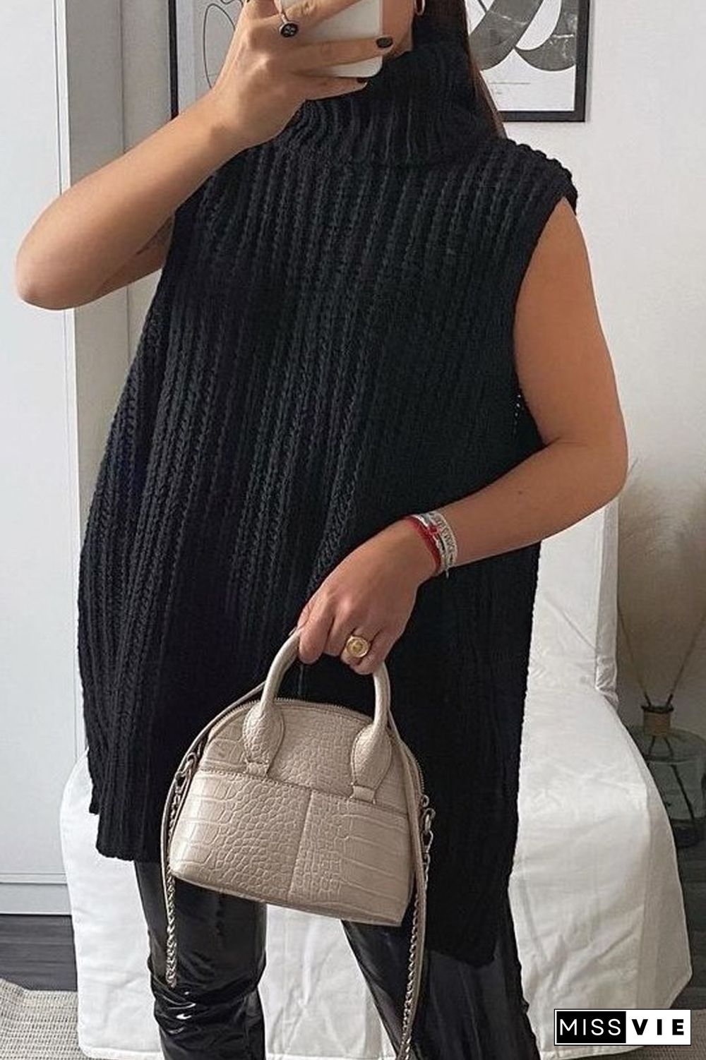 Turndown Collar Sleeveless Casual Sweater