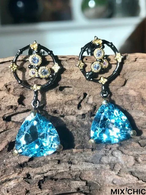 Vintage Blue Gemstone Distressed Floral Earrings Ethnic Jewelry