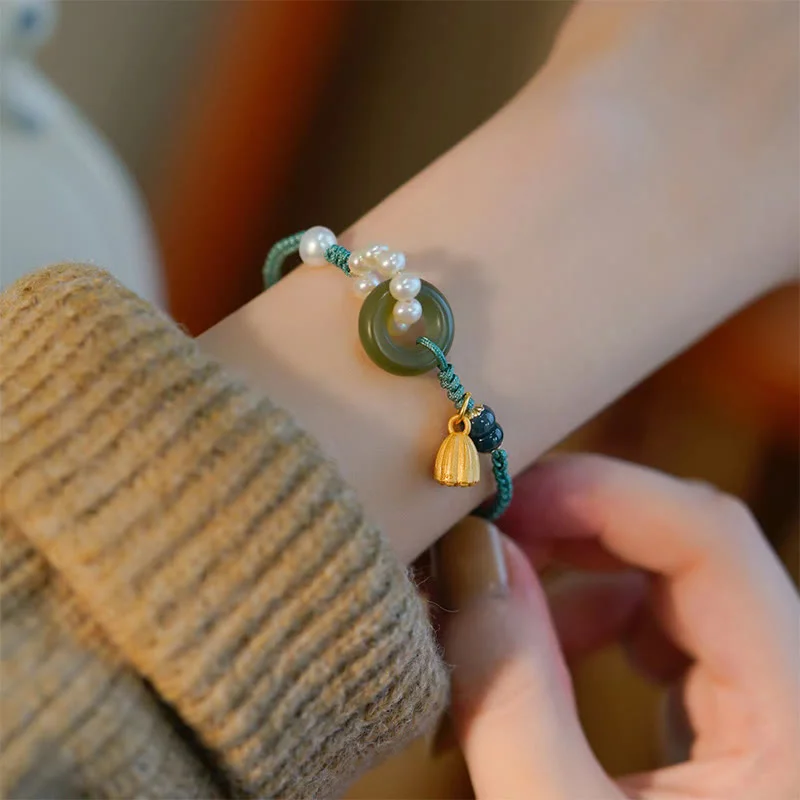 Natural Hetian Jade Peace Buckle Pearl Luck Handcrafted Braided Bracelet