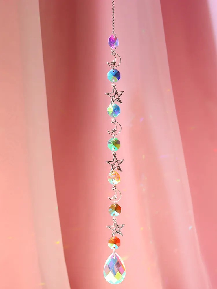 Crystal Windchime Ornament Hexagonal Feather Butterfly Hanging Wall Pendant
