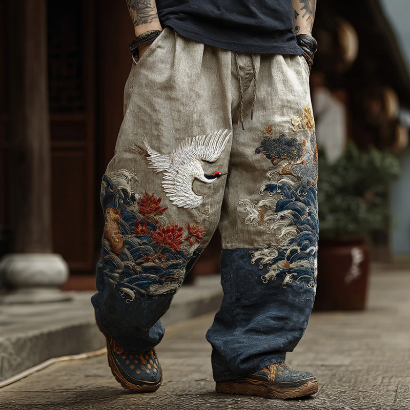 Men's Retro Japanese Style Flying Crane And Wave Pattern Printed Linen Casual Pants  artssus