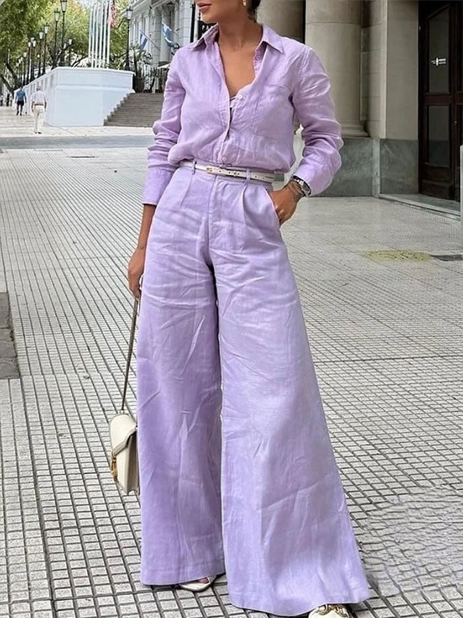 Women's Casual Solid Color Lapel Long Sleeve Cotton Shirt Pants Two-piece Set 