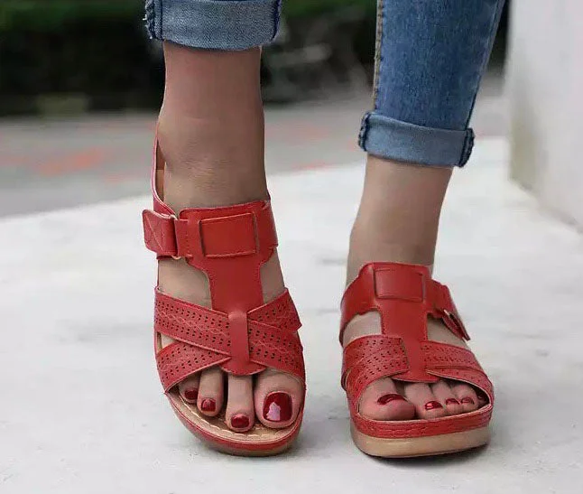 2022 Summer Women Wedge Sandals Premium Orthopedic Open Toe Sandals Vintage Anti-slip Leather Casual Female Platform Retro Shoes QueenFunky